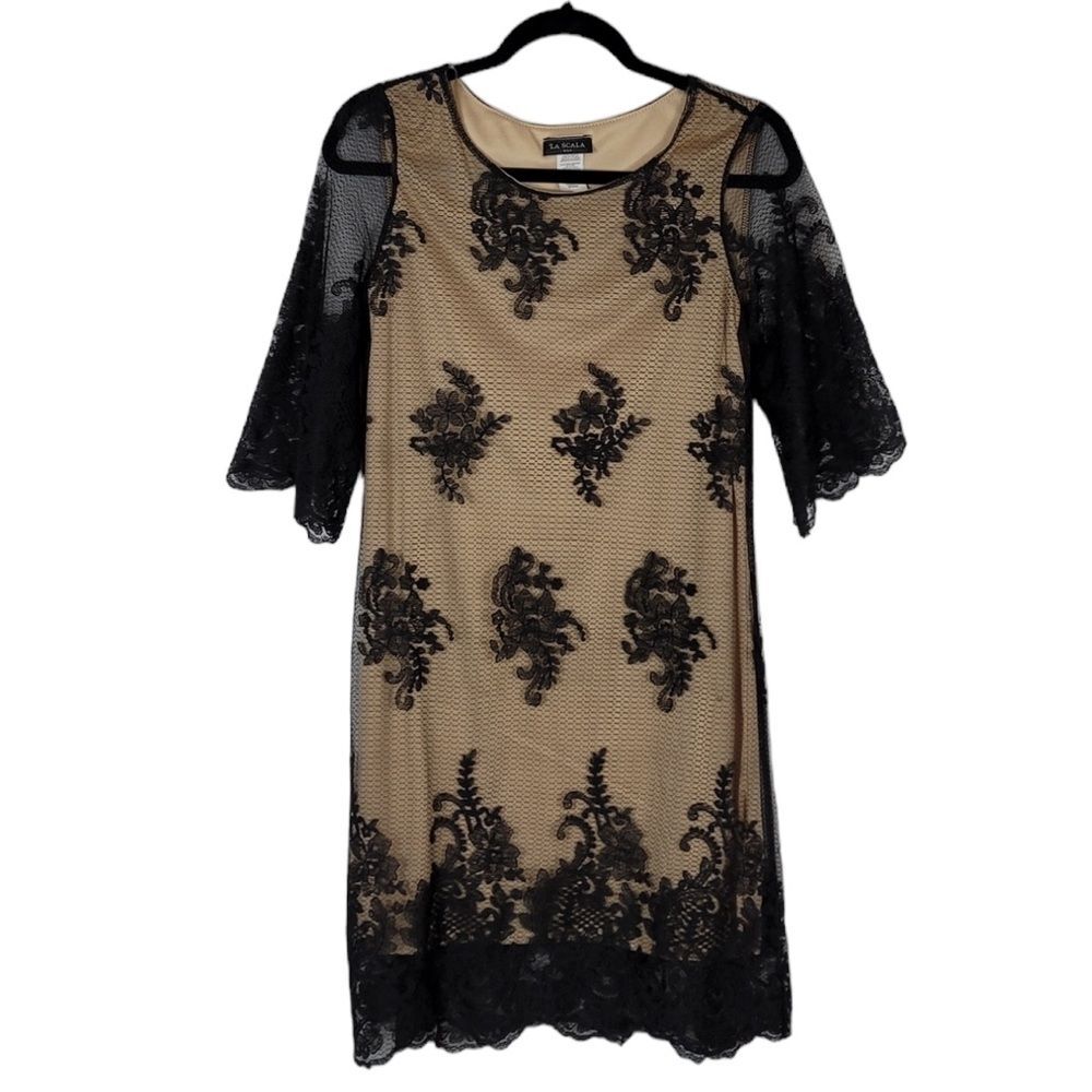LaScala Black Lace Mid Length Sheath Dress Sz Small - Picture 5 of 5